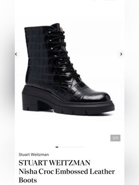 Stuart Weitzman Nisha Black Croc-Embossed Lace-Up Chunky Heel Boots